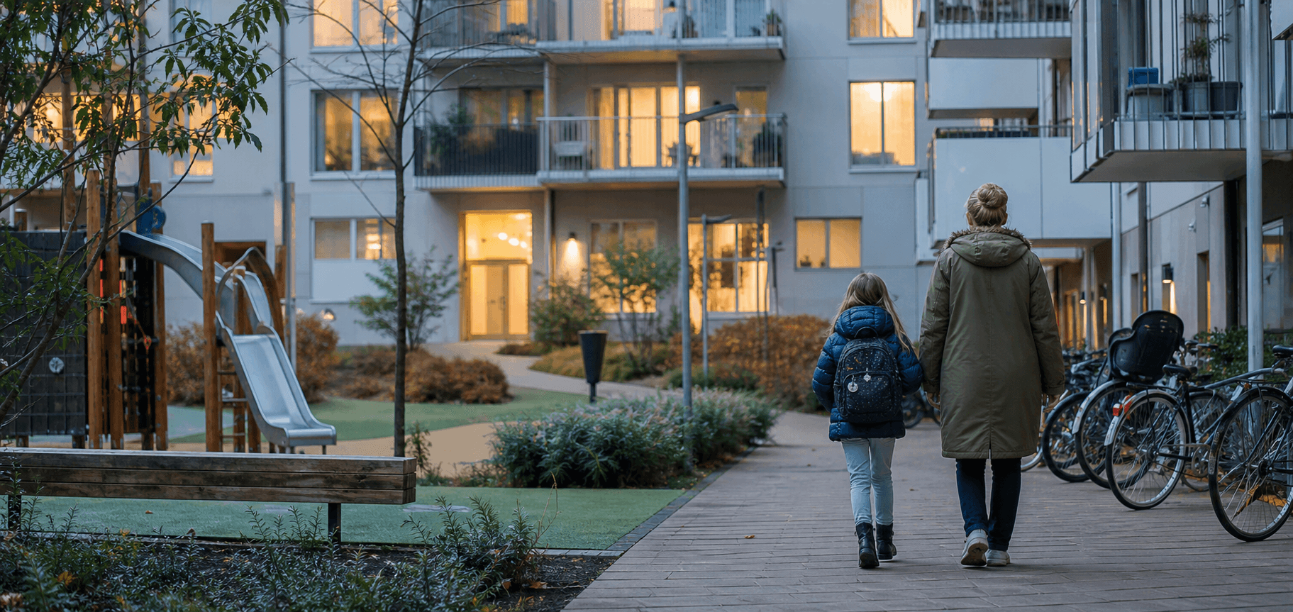 En förälder och ett barn på väg genom ett svenskt bostadsområde